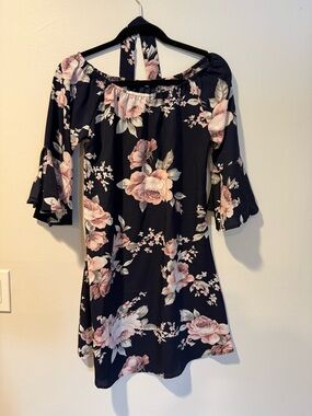 Off-Shoulder Navy Dress with Pink Floral Print